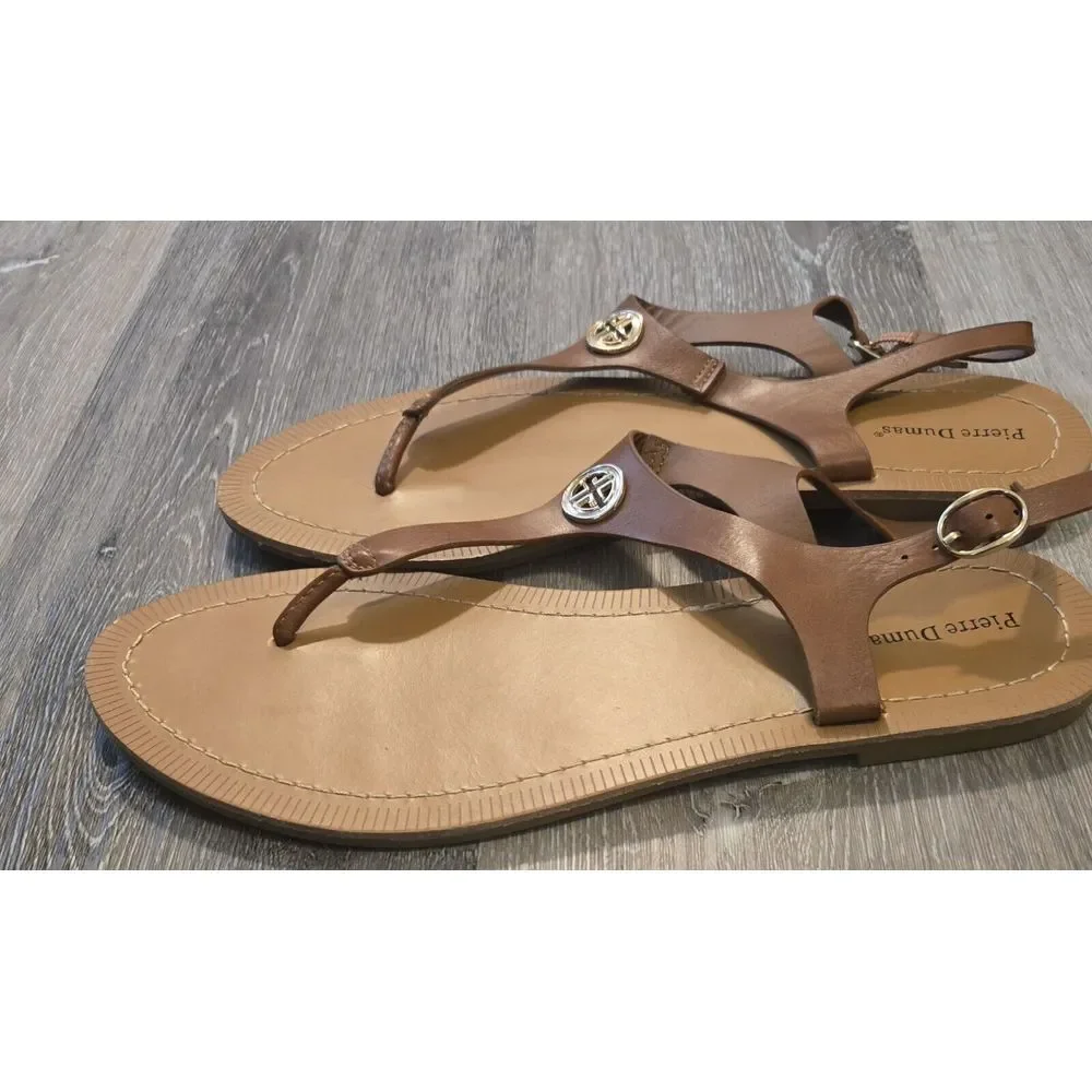 Pierre Dumas‎ Sandals Thong Brown Ankle Strap Gold Medallion Accents 9M